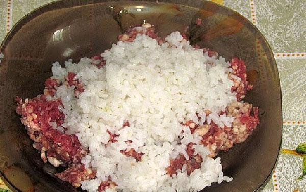 смешиваем рис с фаршем