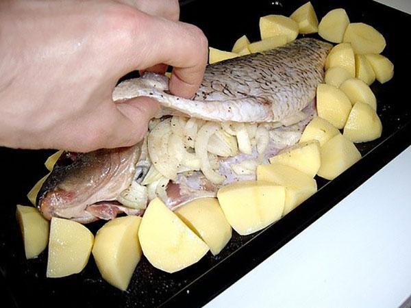 выложить рыбу с овощами на противень