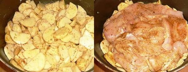 выложить картофель и куриное филе