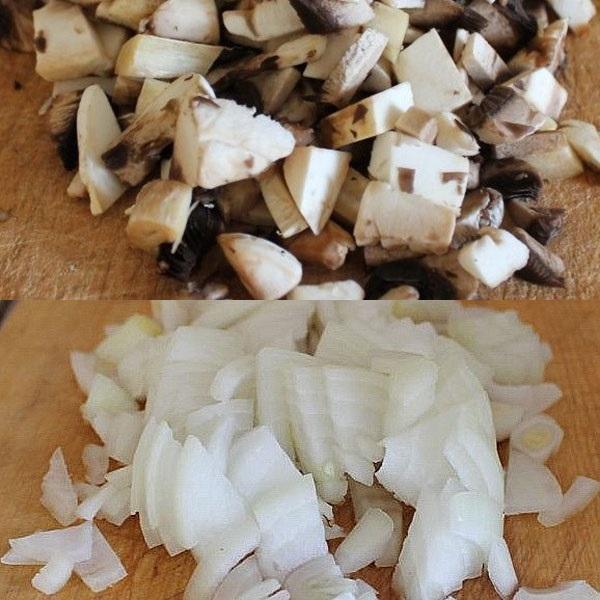 мелко нарезать грибы и лук