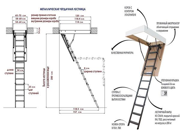 чертеж и размеры чердачной лестницы из металла