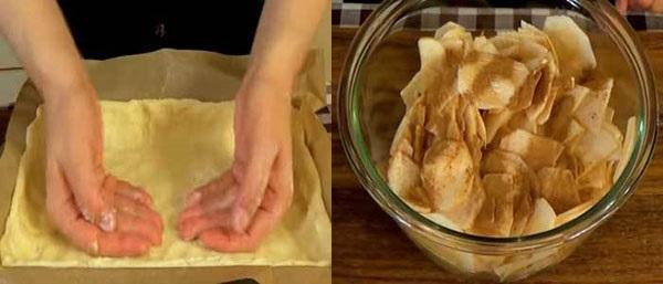 выложим тесто в форму и приготовим яблоки