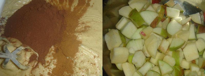 добавить в тесто какао и нарезать яблоки